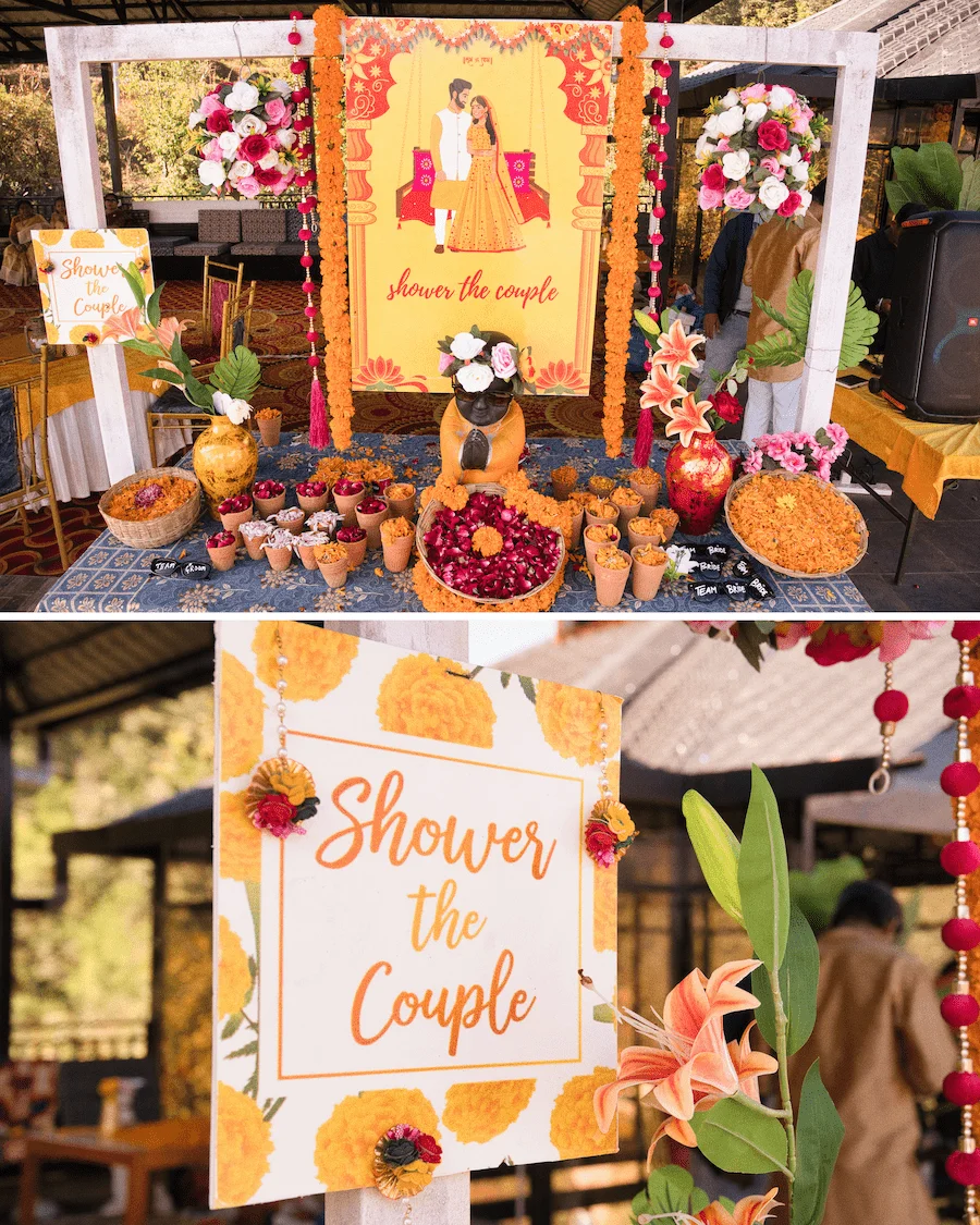 Destination wedding floral decor with marigold and roses in Uttarakhand