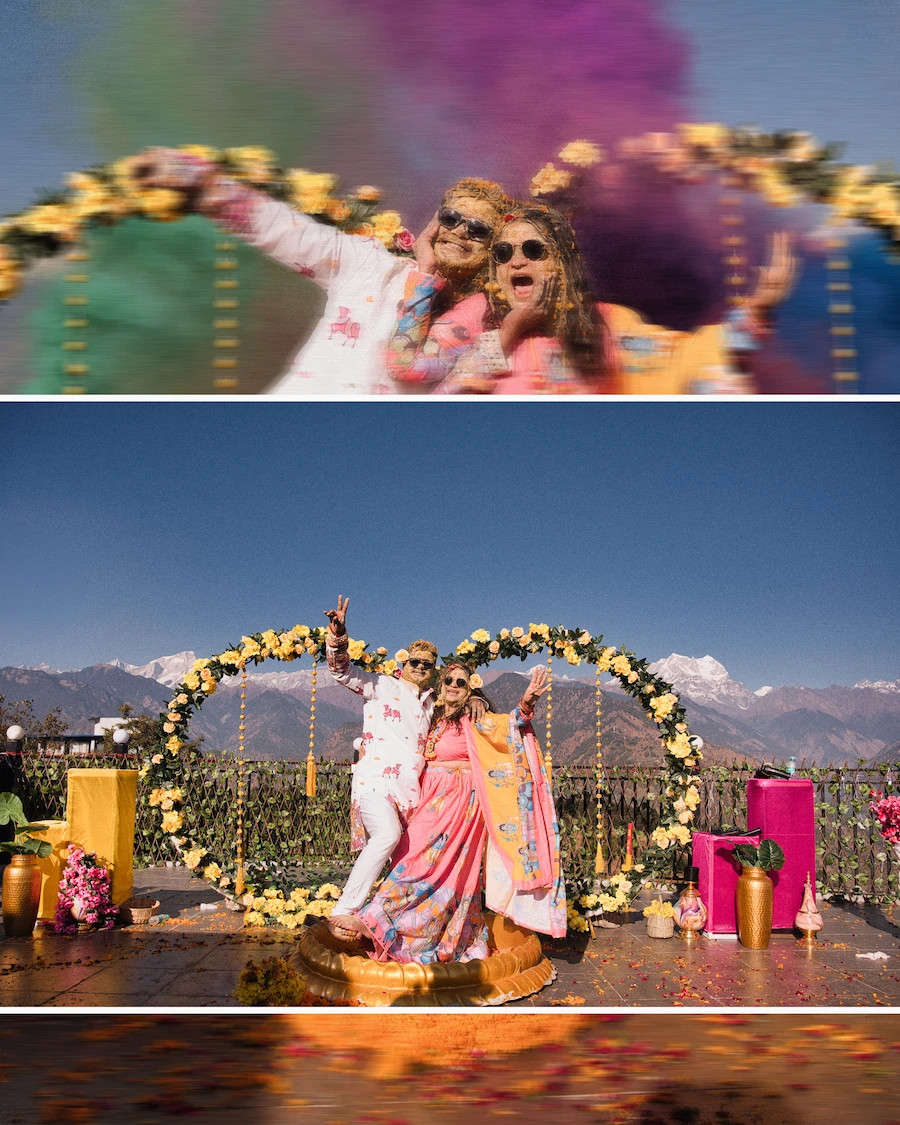 Couple celebrating at floral arches with a Himalayan mountain view in Uttarakhand