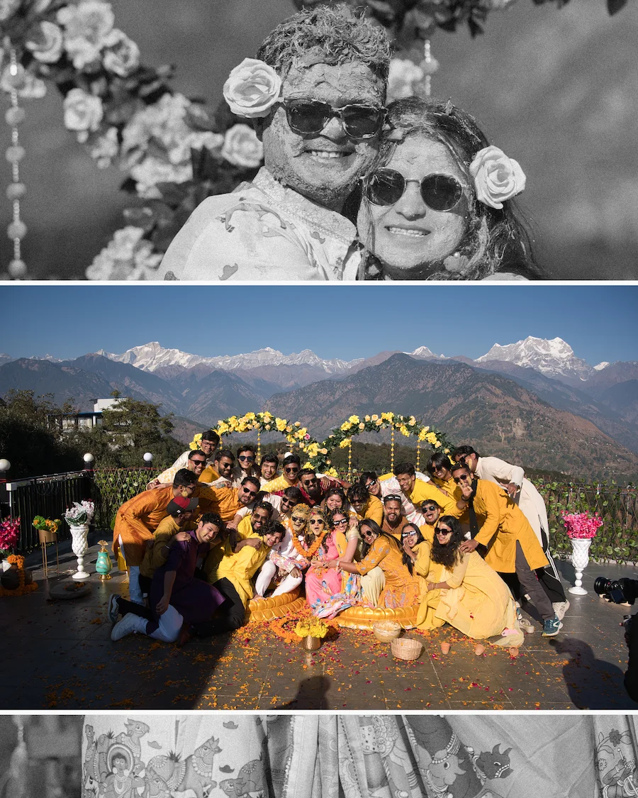 Family and friends at a haldi celebration on a mountain terrace in Uttarakhand