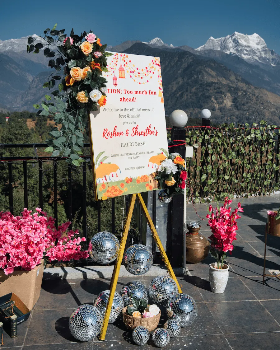 Wedding stage flower decoration with Himalayan mountain view